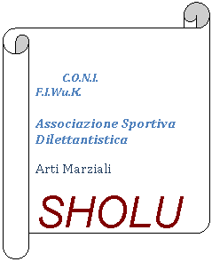 Pergamena 2:           C.O.N.I.                               F.I.Wu.K.

             
Associazione Sportiva Dilettantistica
Arti Marziali
SHOLUCAS

Fraz. Millaures 45 Bardonecchia (To)
Cod. Fisc. 96008600015
